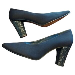 Stuart Weitzman Satin Glitter Block Heel Pumps, Black, Size 8 B